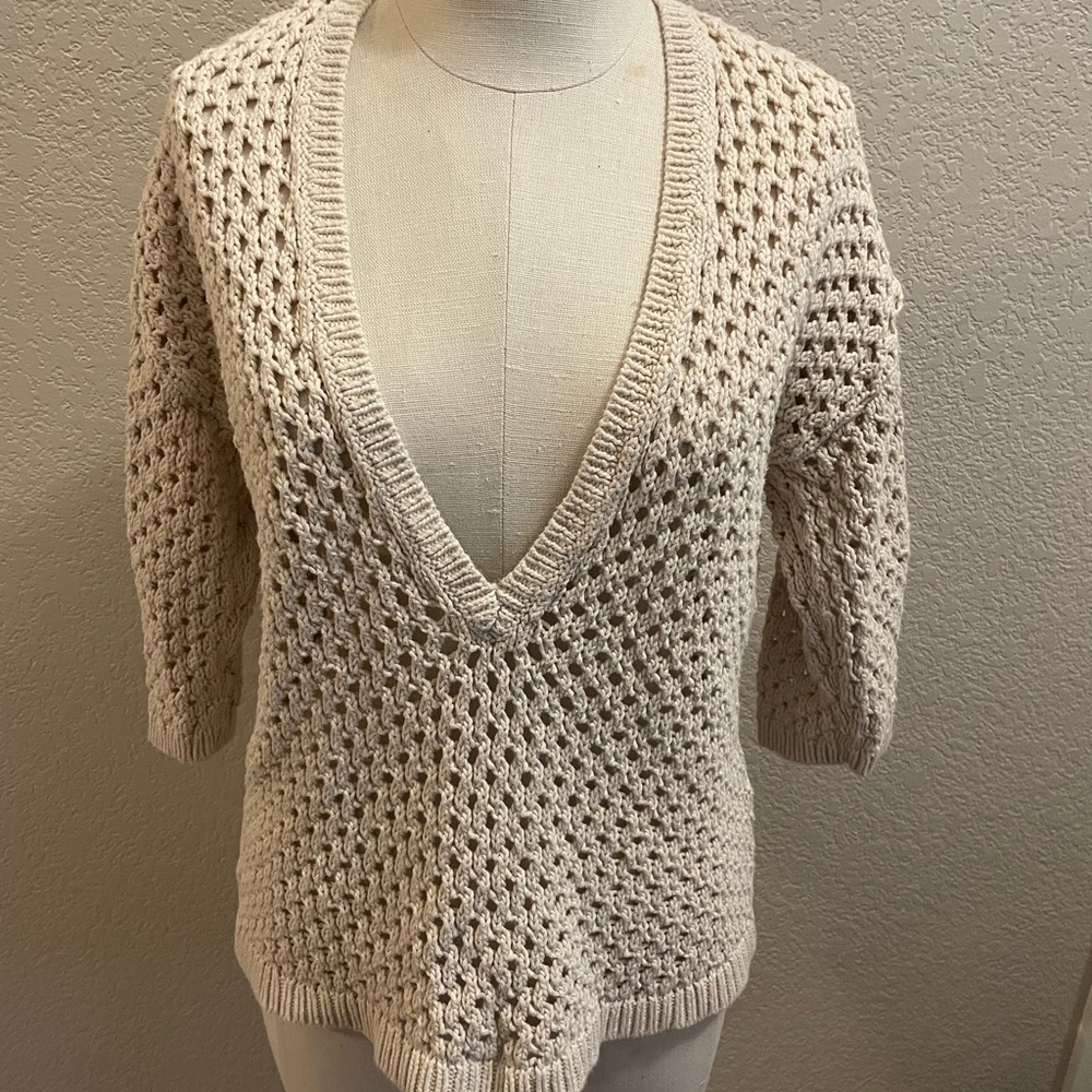 Ann Taylor Cream V-Neck Chunky Knit Beige Sweater 100% Cotton